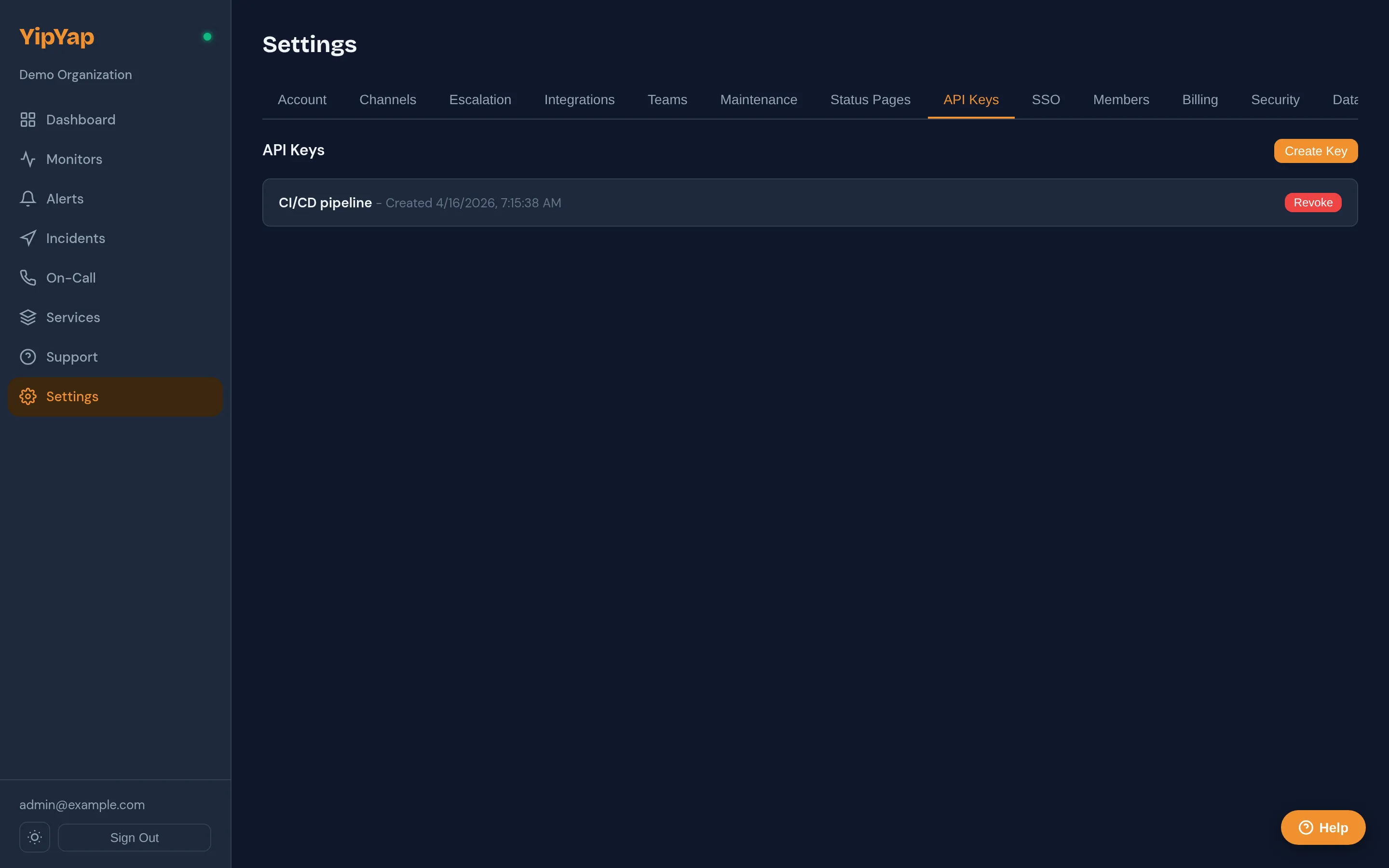 API keys management page