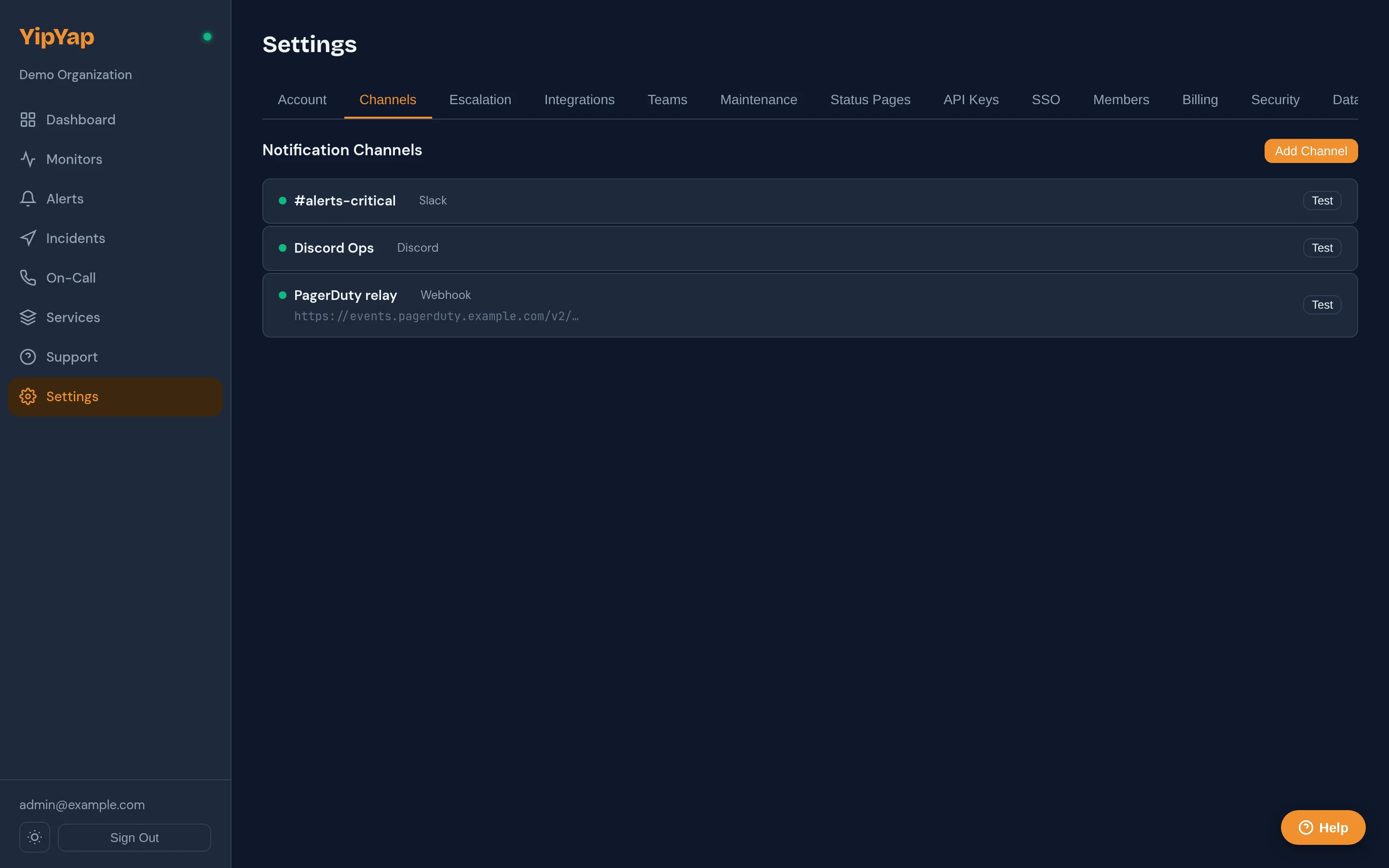 Notification channels settings page
