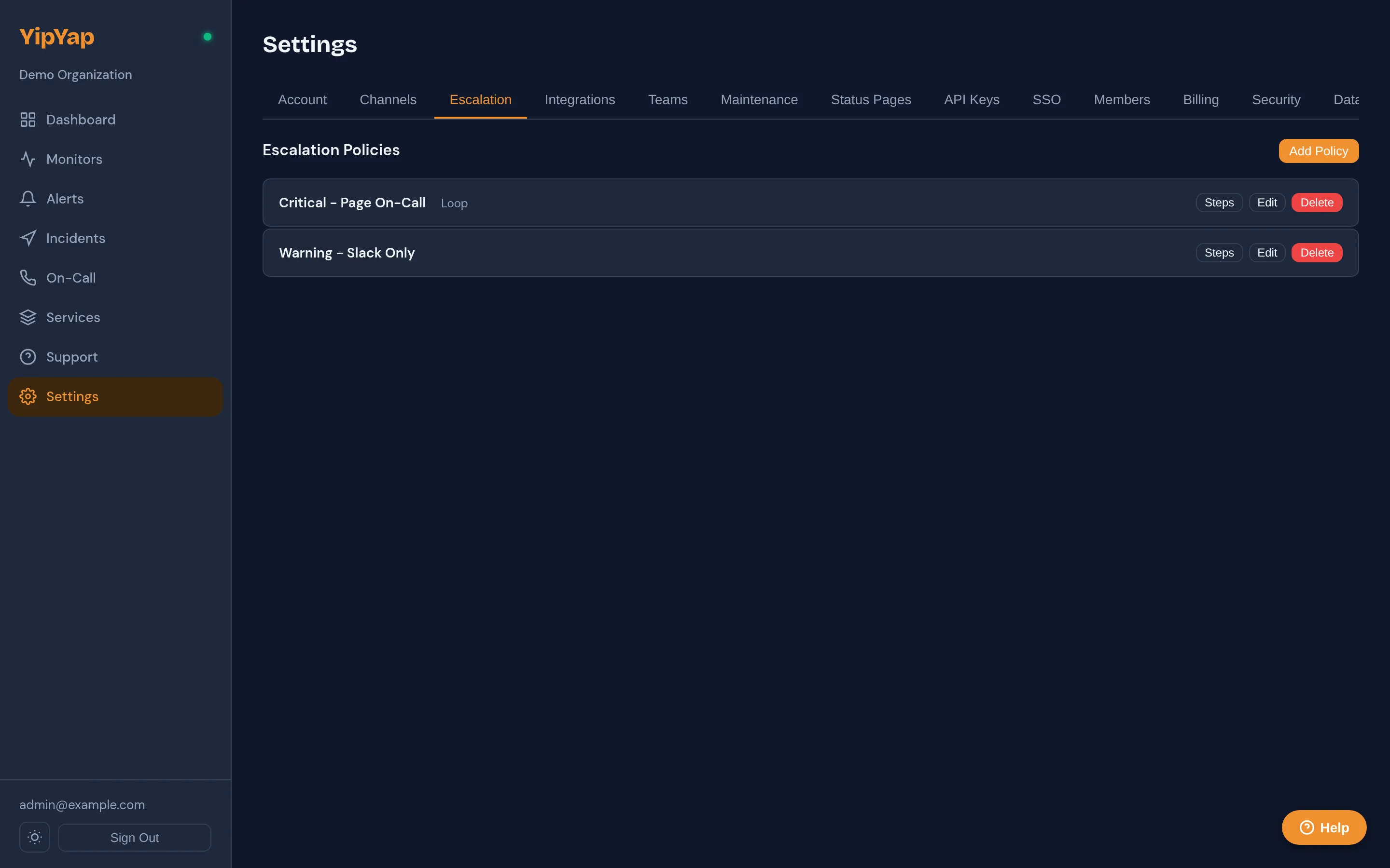 Escalation policy settings page