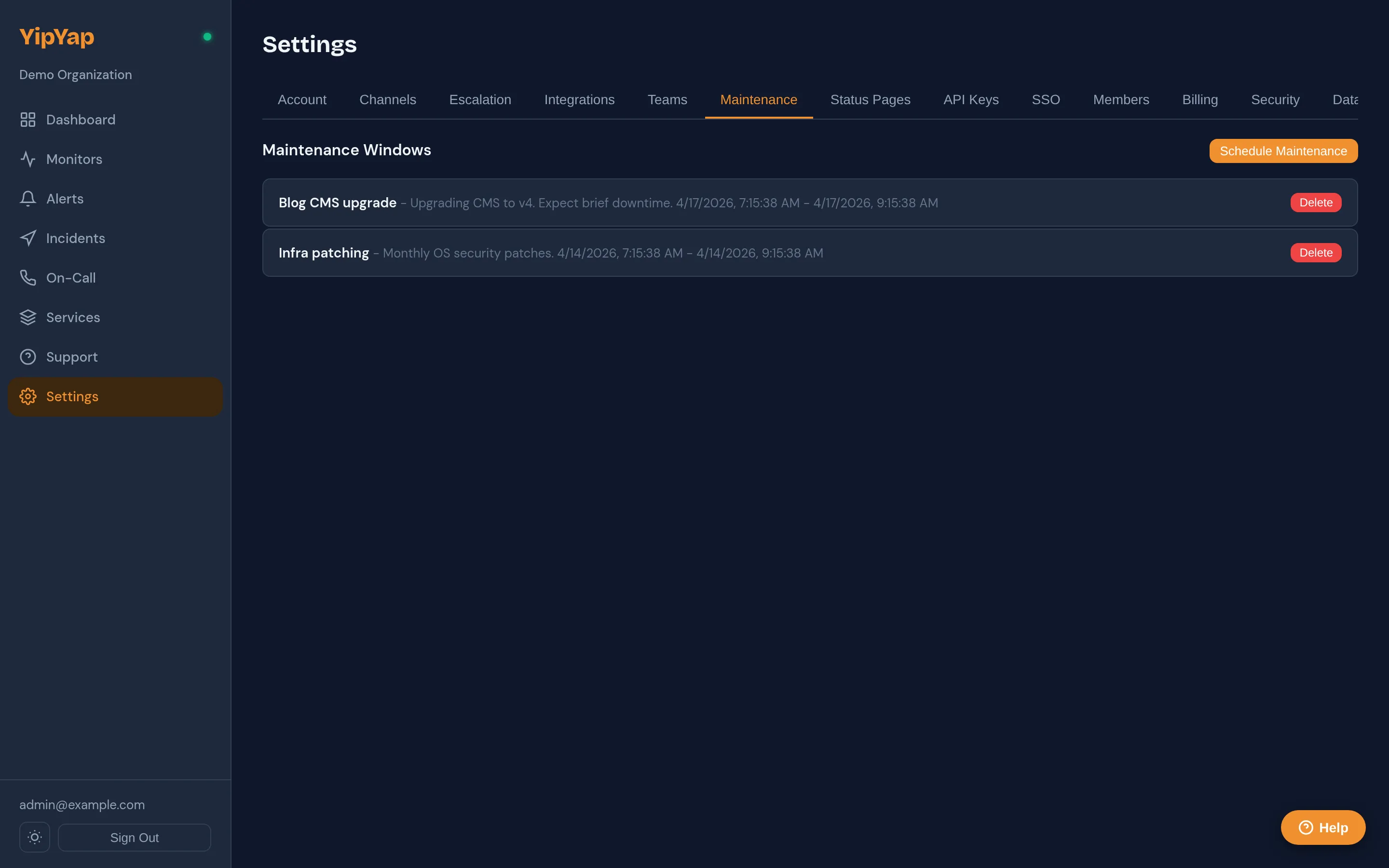 Maintenance windows settings page