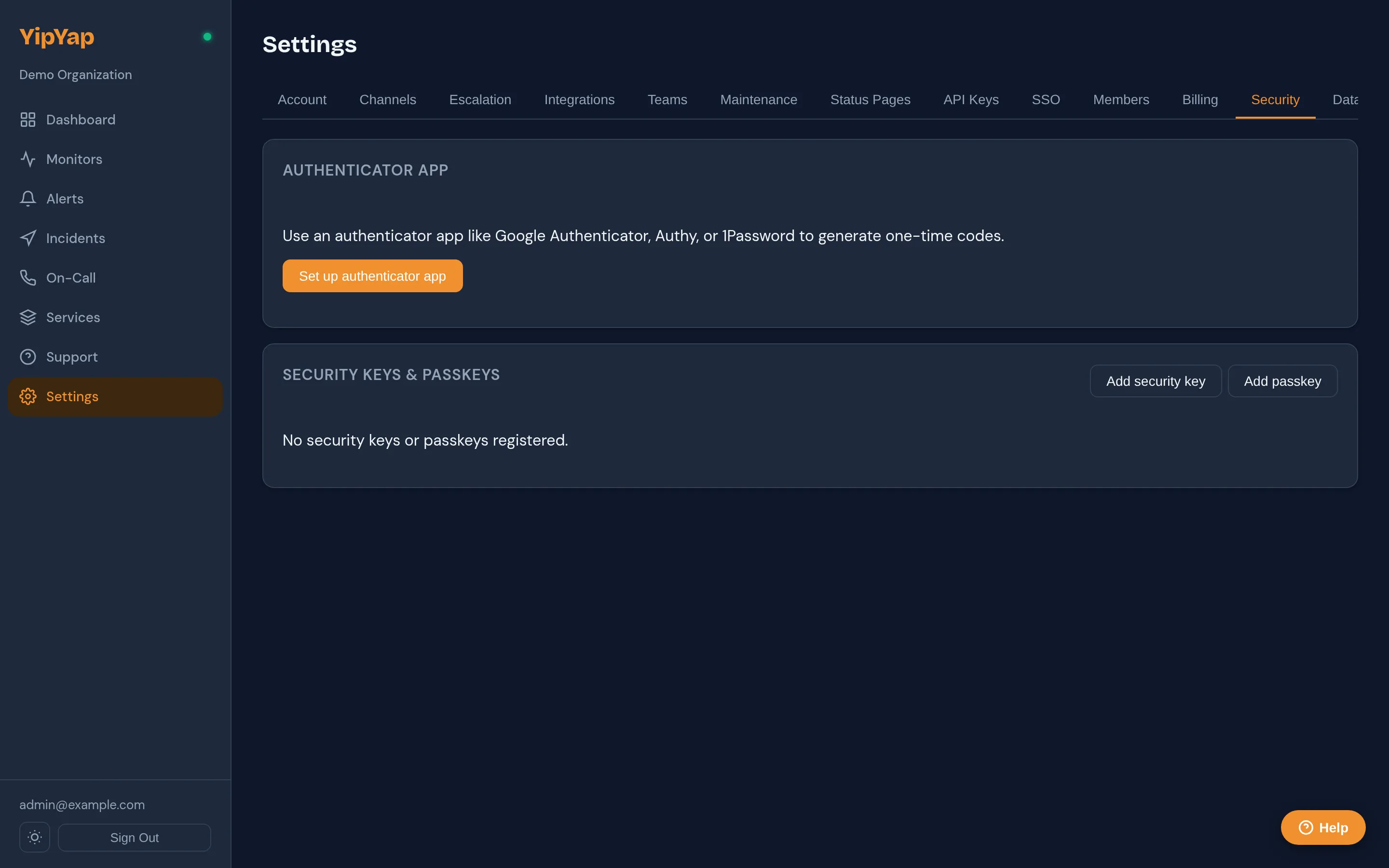 Security and MFA settings page