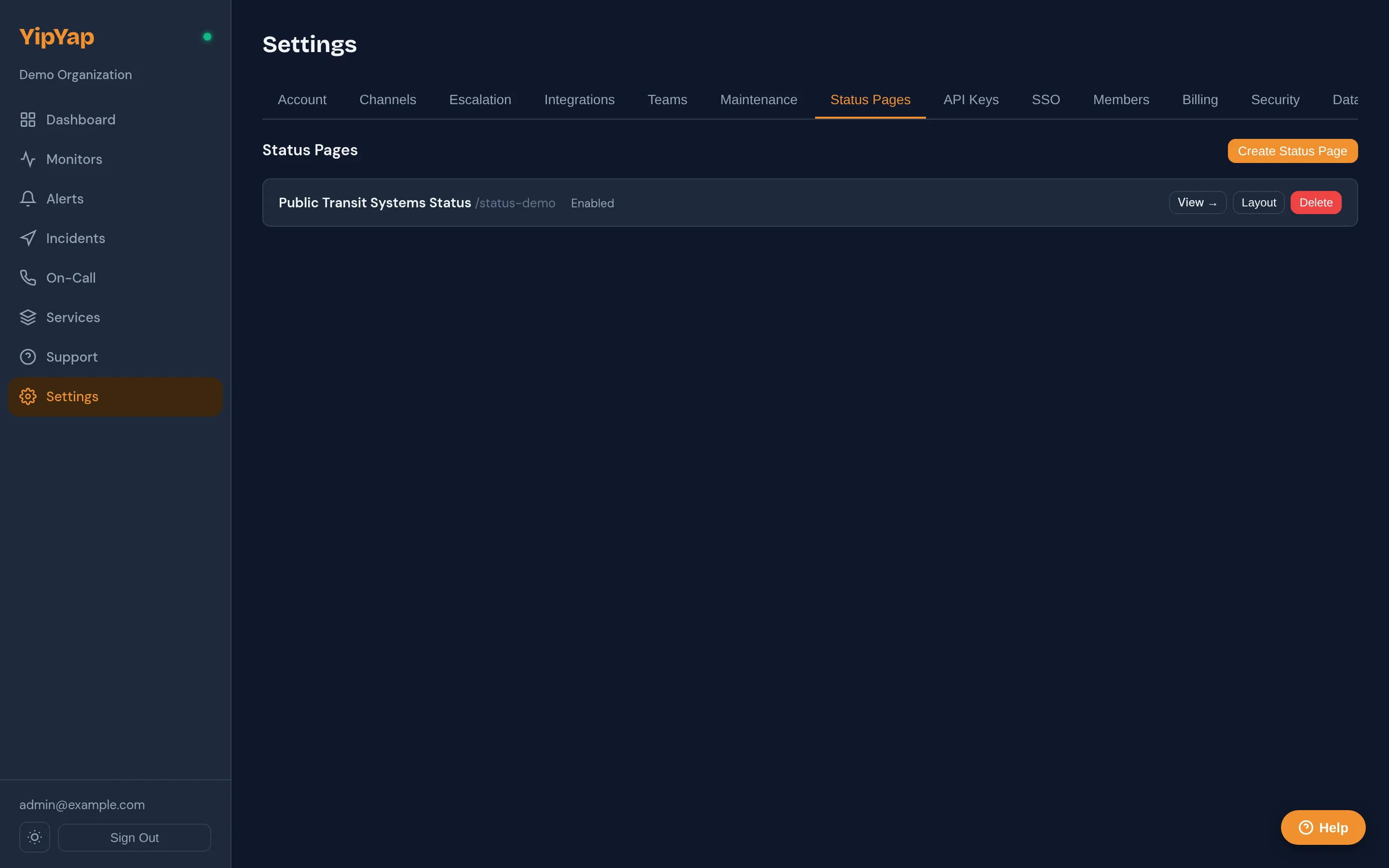 Status page configuration settings